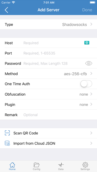 Add Server form: Type, Host, Port, Password, Method, and other fields
