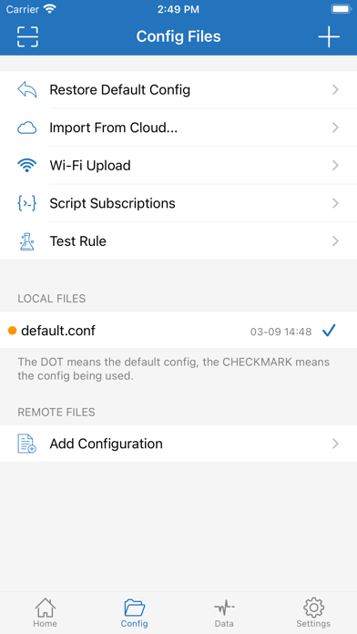 Config Files page, local default.conf with an orange dot and a blue check mark