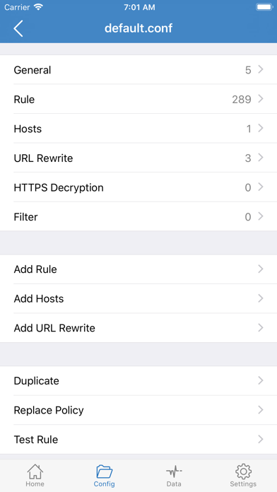 default.conf editor, Rule count 289, plus Hosts and URL Rewrite