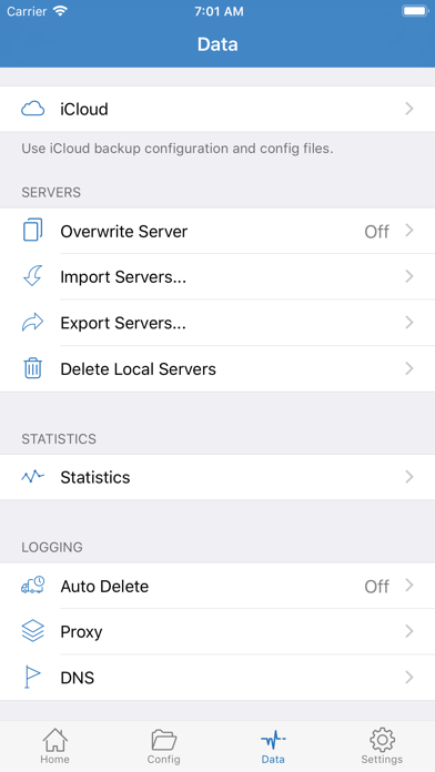 Data: iCloud backup, import/export servers, statistics, and logs