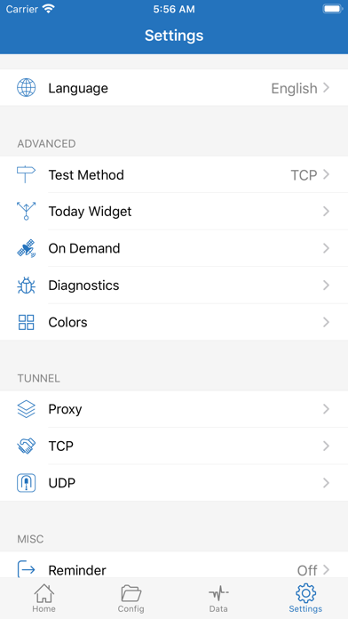 Settings Home: Language, Test Method, On Demand, Diagnostics, Tunnel