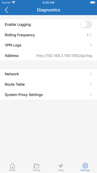 Diagnostics: Enable Logging, VPN Logs, Route Table, System Proxy Settings